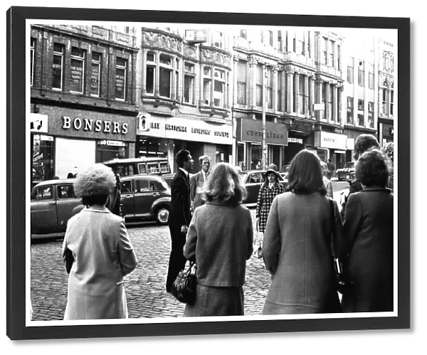 A crowd of people listen to a public speaker in Newcastles Bigg Market 13 July 1970