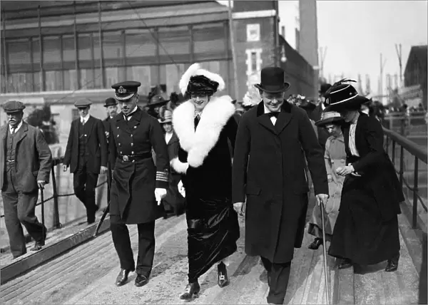 First Lord of the Admiralty Winston Churchill arriving for the launching of