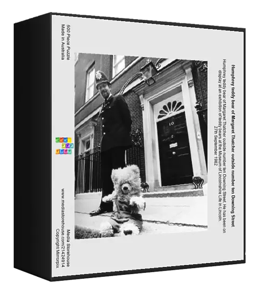 Humphrey teddy bear of Margaret Thatcher outside number ten Downing Street