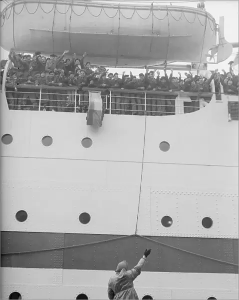 Mrs Buggins seen here waving off her son as the troopship Dunera sails for the far east