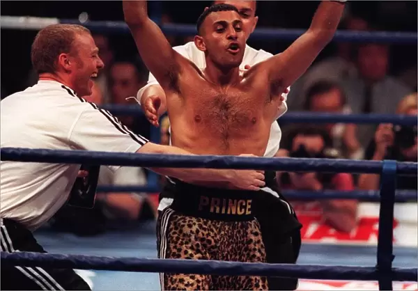 Prince Naseem Hamed celebrates winning fight July 1997 Juan Cabrera was given a standing