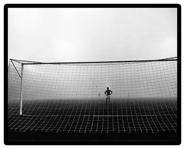 Leeds United v. Birmingham City. Birmingham keeper Kelly stands alone in the fog