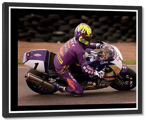 Motorcycle Racing August 1998 cyclist in purple Boost sponsored suit