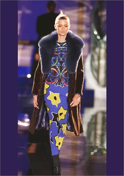 Trish Goff models for Versace at Paris Fashion Show Fake fur collar coat