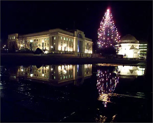 The lights of the newly switched on christmas tree, reflect in a puddle with Baskerville