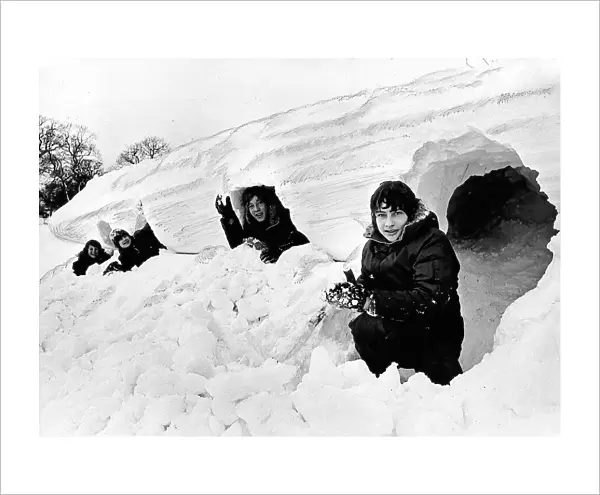 Snow houses carved out of giant drifts at Cockfield 1970s