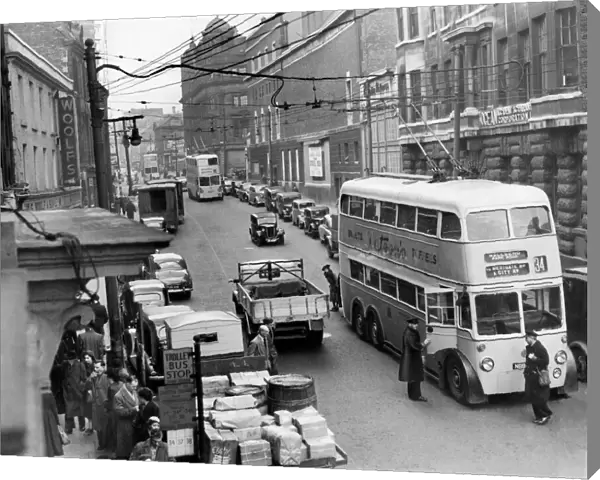 Unregulated parking causes problems in Newcastles Westgate Road, in 1953. Trolleybus