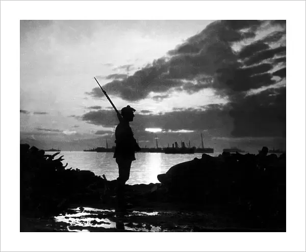 Silhouette of Scottish sentry guarding stores in Salonika during World War One