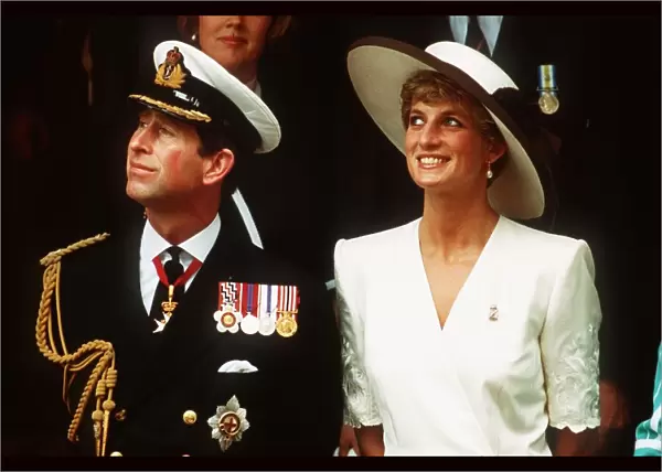 The Prince and Princess of Wales watch a flypast during the Gulf War celebrations at