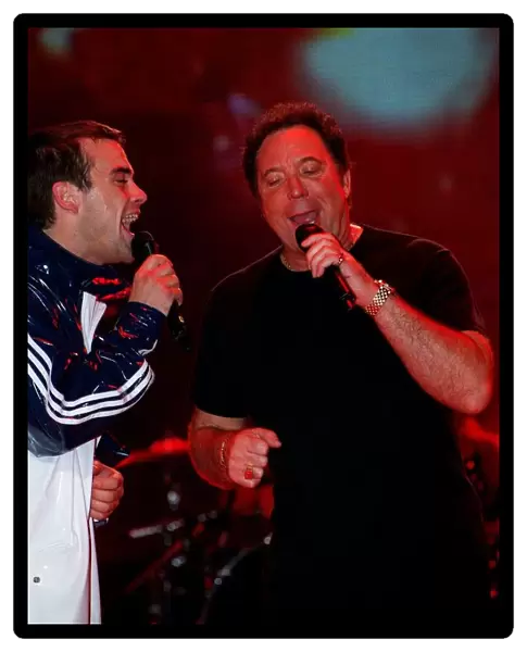 Robbie Williams and Tom Jones February 1998 Rehearsing their act on stage for