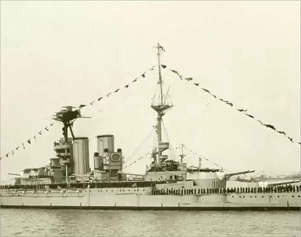 HMS Warspite seen here moored in the Solent for a Royal review of the fleet