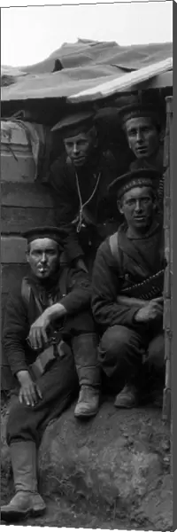 Members of the Naval Brigade seen here in their dugout in a trench near Antwerp