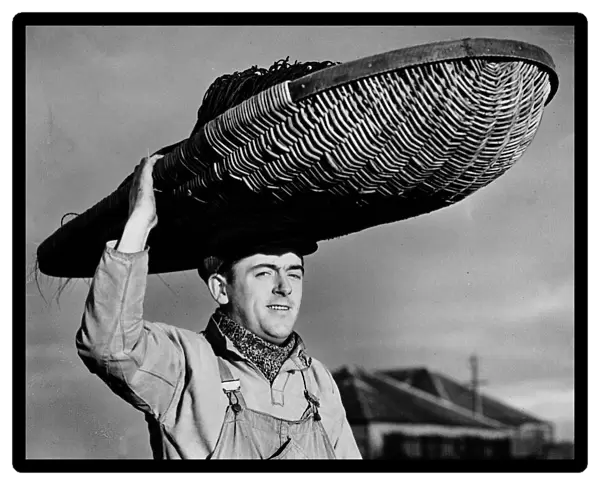 Fisherman David Beattie on his way to mend his nets carrying a huge basket on his head