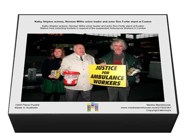 Kathy Shipton actress, Norman Willis union leader and actor Ron Forfar stand at Euston