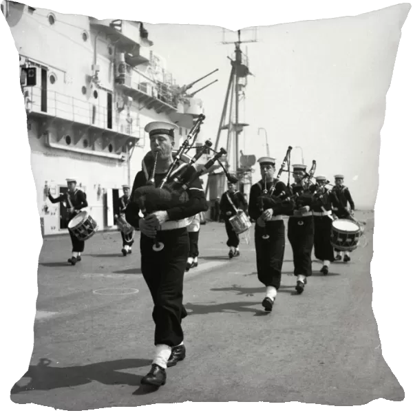 Pipers on board the Aircraft Carrier HMS Illustrious 1950