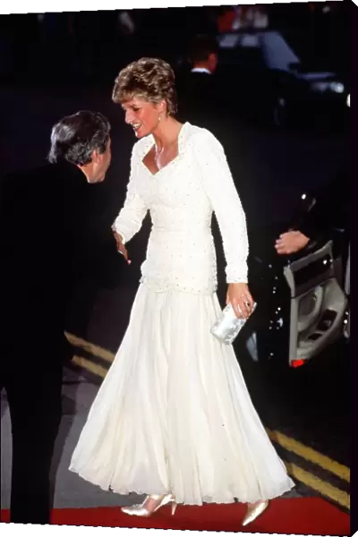 Diana, Princess of Wales, attending an evening event in London