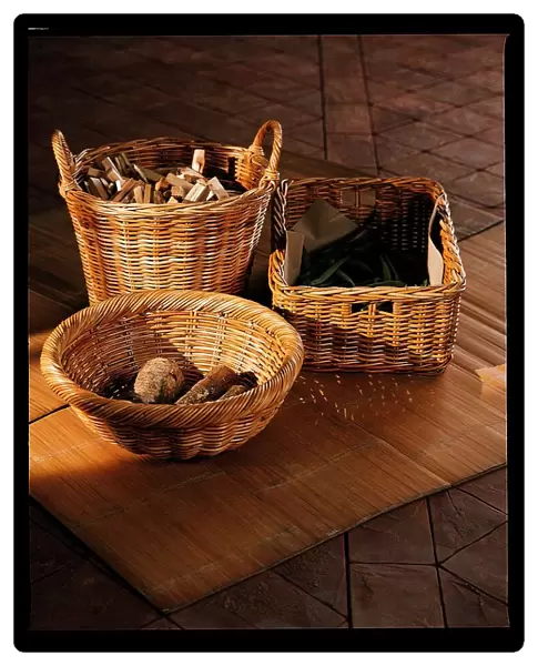 Marks and Spencer Wicker Baskets holding bread vegetables circa 1995