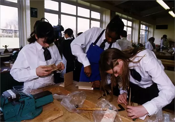 Schoolchildren in a design technology (woodwork) class. April 1997