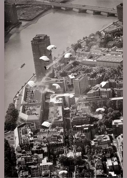 Aerial view of London July 1979. The 11 man team of RAF Falcon parachute dispaly
