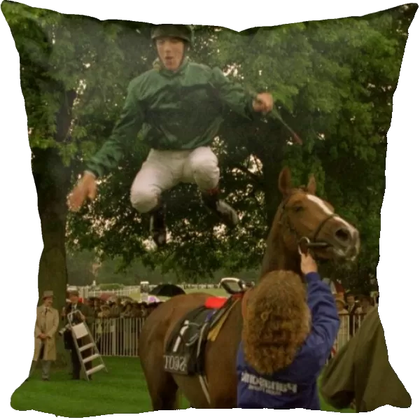 Frankie Dettori jockey flying dismount off Central Park at Royal Ascot celebrating after
