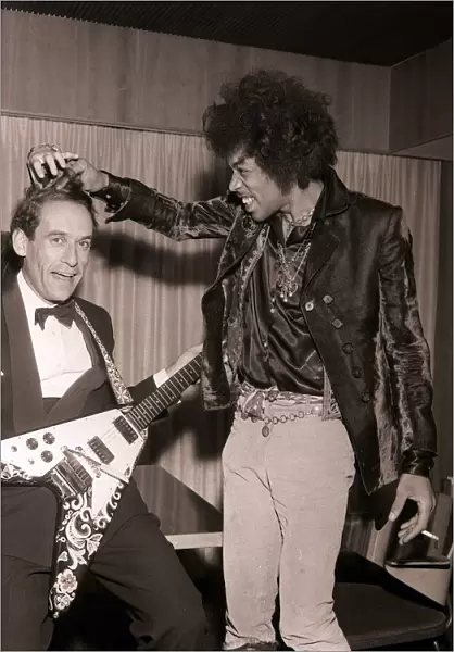 Jeremy Thorpe with Jimi Hendrix after concert by The Jimi Hendrix Experience at The Royal