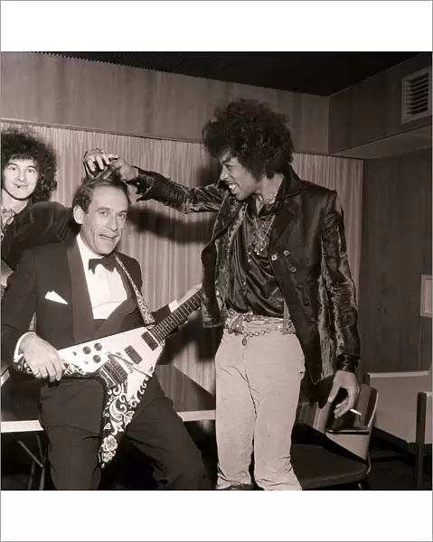 Jeremy Thorpe with Jimi Hendrix after concert by The Jimi Hendrix Experience at The Royal