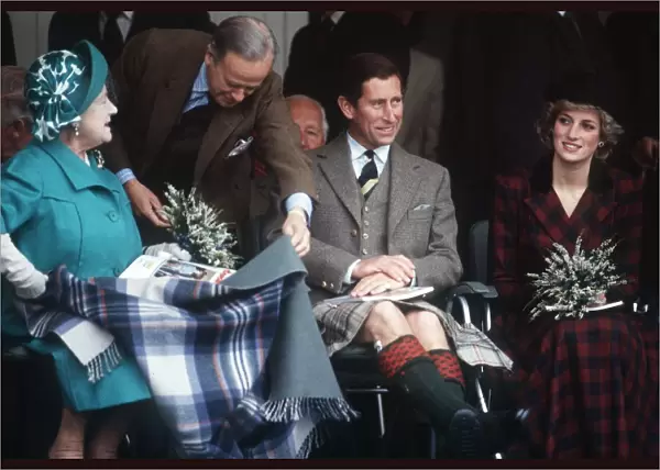 The Queen Mother, Prince Charles and Princess Diana at the annual the Braemar Highland