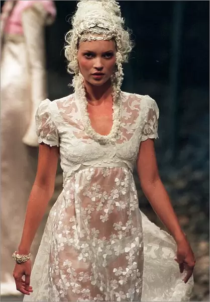 Kate Moss models Givenchy during Paris Fashion Week white Jane Austen style