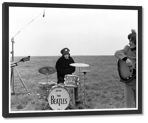 Pop Group The Beatles May 1965 Ringo Starr on drums during filming of '