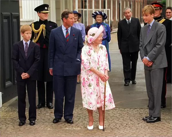 Queen Mother vcelebrates her 97th birthday August 1997 With Prince Charles blue suit tie