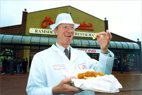 Jack Charlton trys the Worlds best fish and chips at Gateshead in December 1992