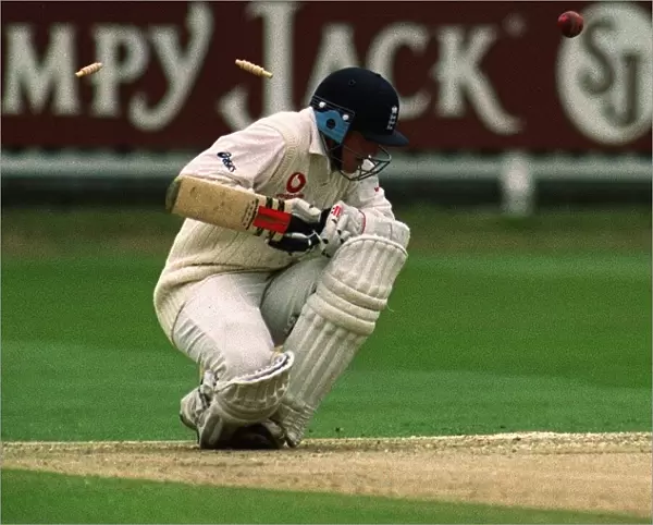 Englands Chris Read ducks after he is bowled July 1999 by New Zealand