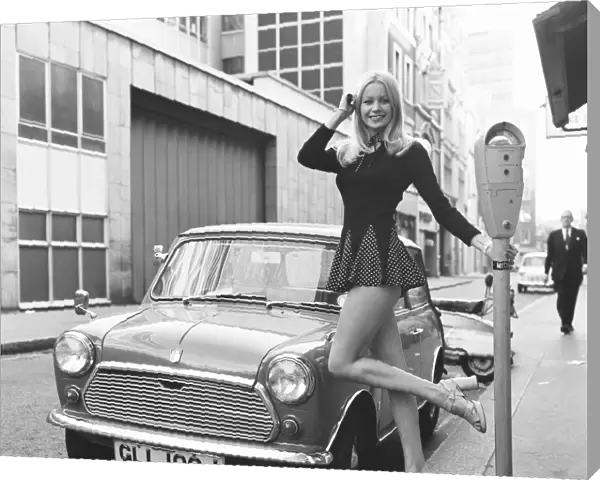 Jenny Clare seen here posing with her Leyland Mini 6th October 1972