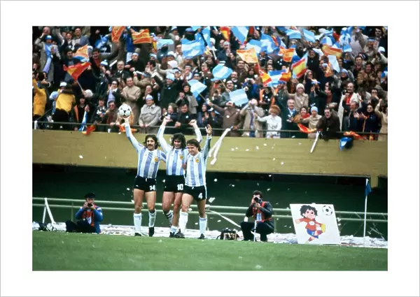 Argentina players (L - R) Luque, Kempes and Bertoni seen here celebrating their success