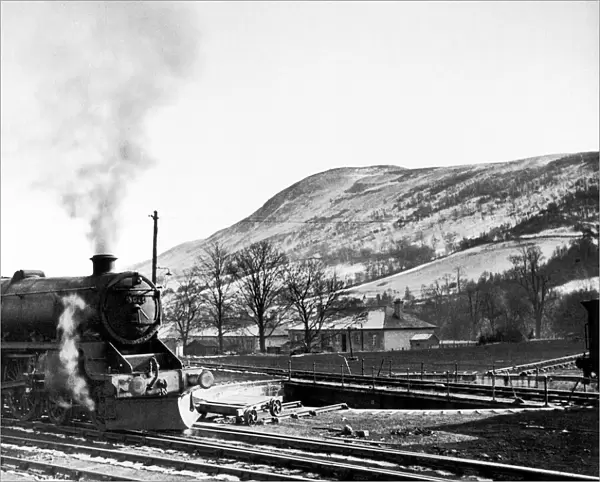 Steam train leaves Blair Atholl on the railway route from Perth northwards to Forres in