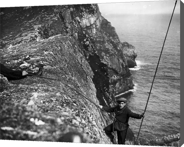 A St Kildan fowling on the cliffs of Hirta the main Island in the St Kilda archipelago