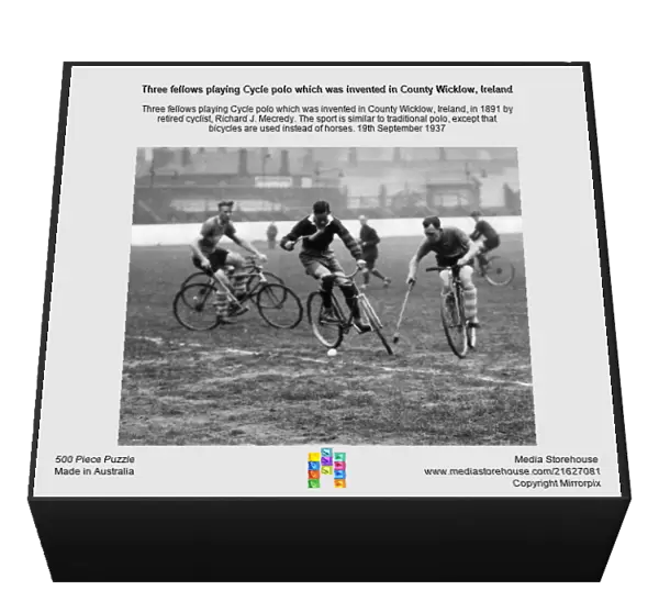 Three fellows playing Cycle polo which was invented in County Wicklow, Ireland
