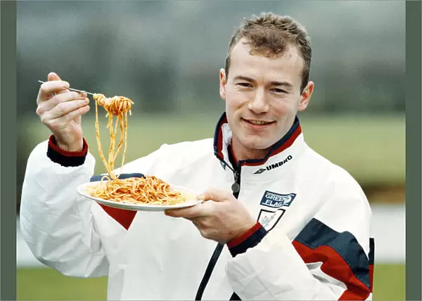 England footballer Alan Shearer with a plate of spaghetti ahead of England