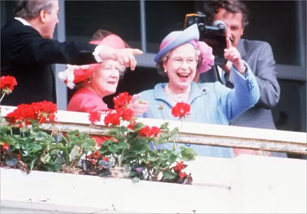 Queen Elizabeth II enjoying the races at Epsom Derby with the Queen Mother, June 1991
