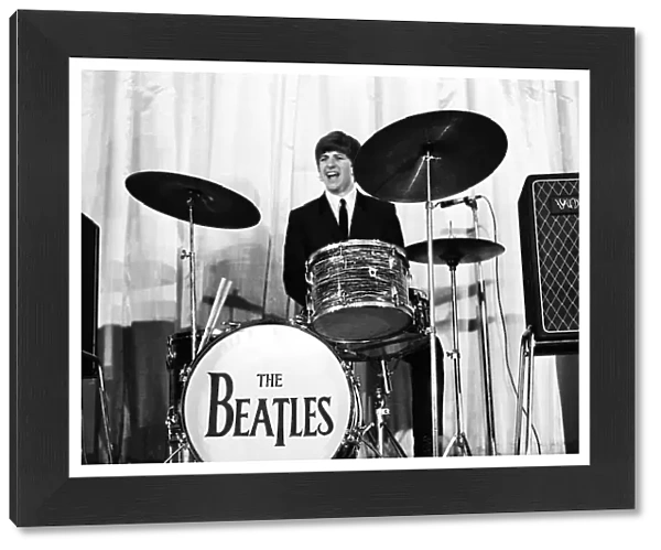 Ringo Starr and the Beatles famous Bass drum seen here performing on stage November 1964