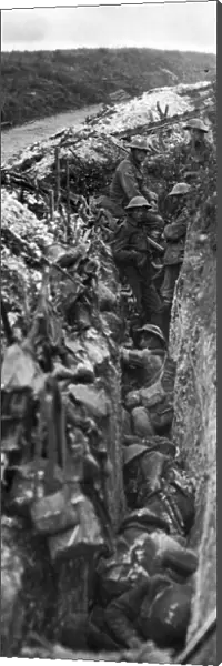 British troops waiting to attack Beaumont Hamel in a support trench during