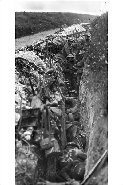 British troops waiting to attack Beaumont Hamel in a support trench during