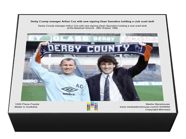 Derby County manager Arthur Cox with new signing Dean Saunders holding a club scarf aloft