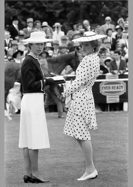 Epsom Derby 4th June 1986. Princess Anne and Princess Diana, standing together