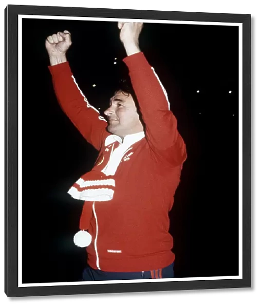 Brian Clough football manager celebrating after his Nottingham Forest team had beaten