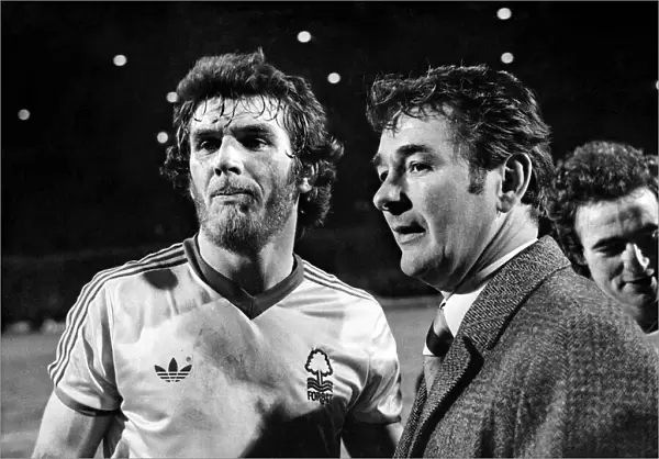 Nottingham Forest manager Brian Clough with his triker Peter Withe after game