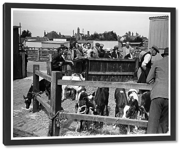 Crowds gather at Hailsham Market, Sussex. Circa 1945