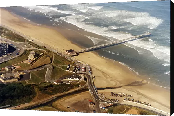 Aerial view of Saltburn beach, pier and cliff lift. 7th September 1991