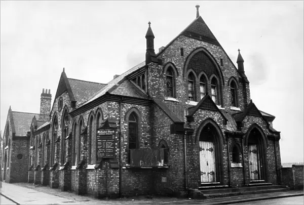 The derelict Methodist church in Peel Street, Thornaby, 23rd January 1973
