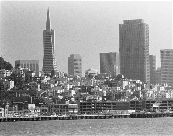 San Francisco skyline as seen from Alcatraz prison. The Transamerica Pyramid (left